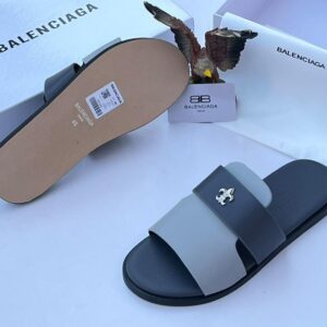 BALENCIAGA Two-Stripes Slide Sandals in Black and Grey, featuring a comfortable design and iconic branding, displayed with original packaging and accessories.