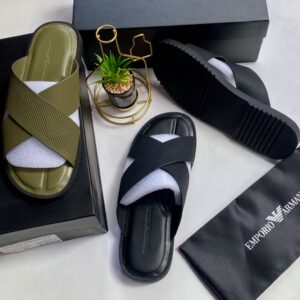 High-class Emporio Armani slides in black and olive green, showcasing luxury and comfort for the elite in Nigeria.