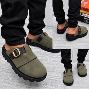 A stylish pair of grey suede half shoes with a gold buckle, showcased from multiple angles, exuding luxury and sophistication.